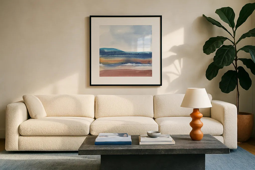 Grounded Rust I by Chris Paschke. Displayed in a glass frame with matte in a clean modern living room. Available as an archival giclee rolled canvas, fine art paper, or poster print. SKU 91462a.