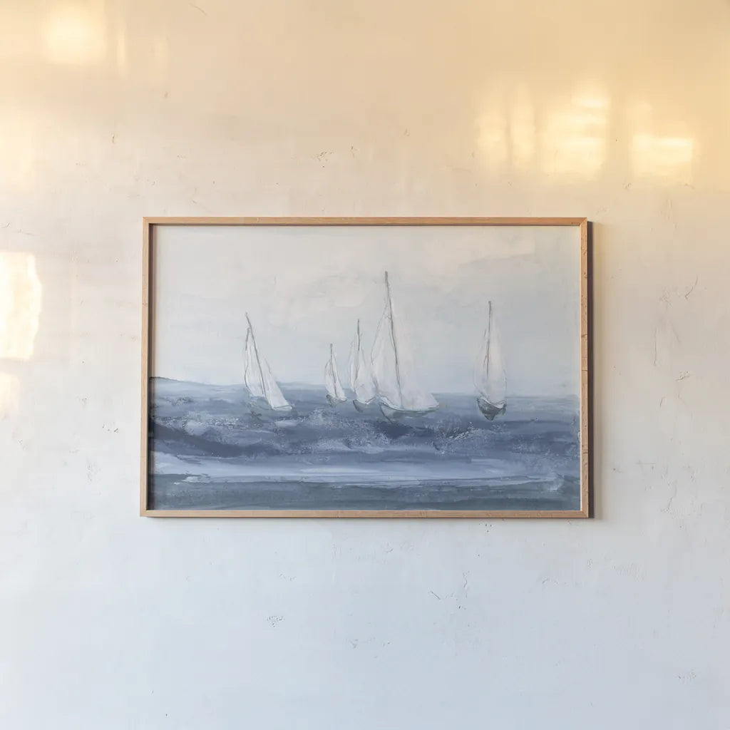 Group Sail I by Chris Paschke. shown as a paper print in a natural frame. Available as a archival giclee rolled canvas, fine art paper, or poster print. SKU 73882i.