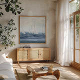 Group Sail I Crop by Chris Paschke. Shown in a natural wood frame in a cozy modern living room. Available as an archival giclee rolled canvas, fine art paper, or poster print. SKU 73882a.