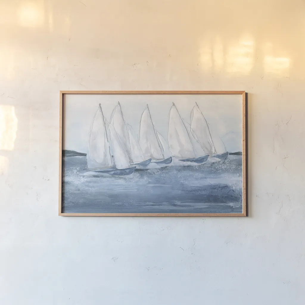 Group Sail II by Chris Paschke. shown as a paper print in a natural frame. Available as a archival giclee rolled canvas, fine art paper, or poster print. SKU 73883i.