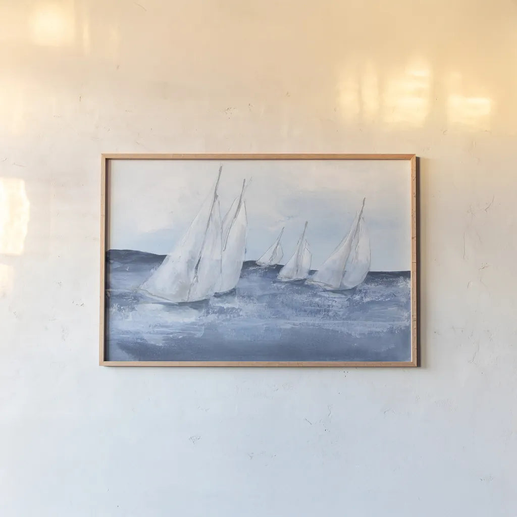Group Sail III by Chris Paschke. shown as a paper print in a natural frame. Available as a archival giclee rolled canvas, fine art paper, or poster print. SKU 73884i.