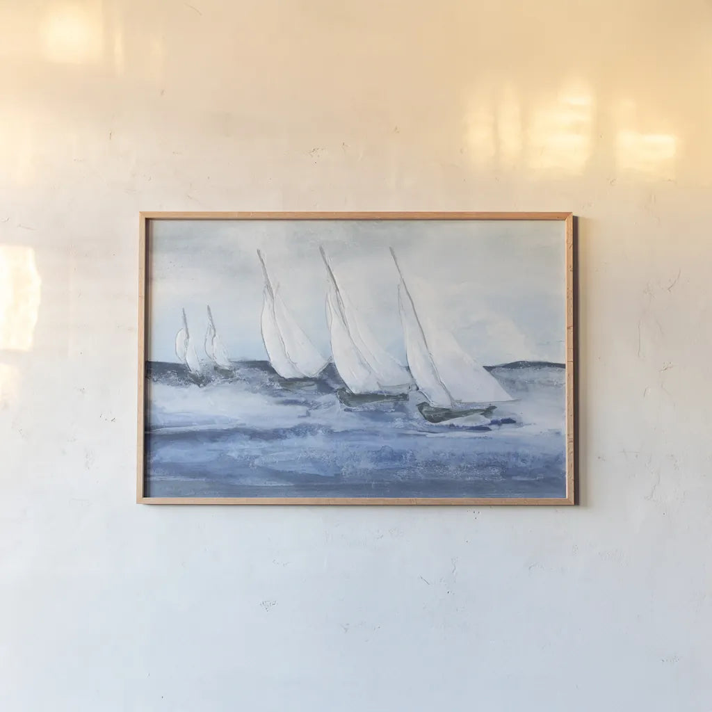Group Sail IV by Chris Paschke. shown as a paper print in a natural frame. Available as a archival giclee rolled canvas, fine art paper, or poster print. SKU 73885i.