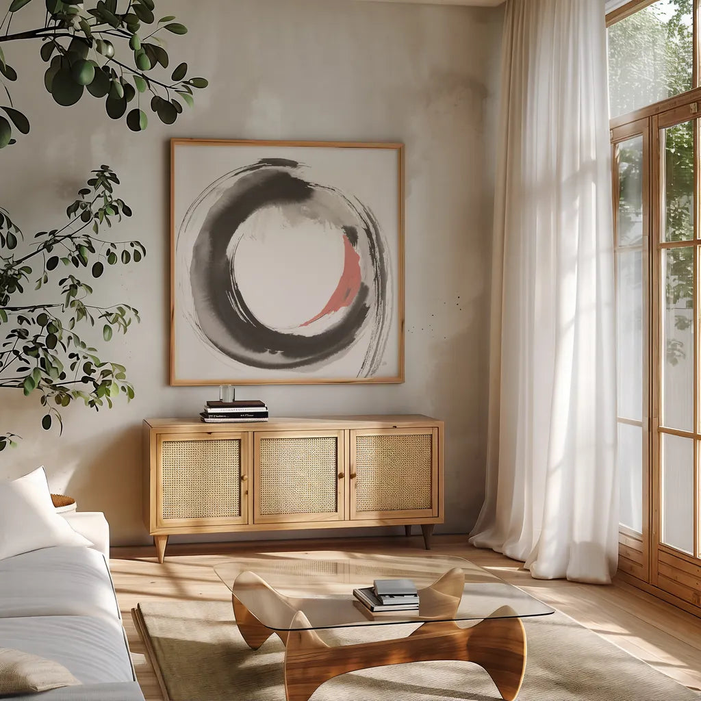 Hake Clay II by Chris Paschke. Shown in a natural wood frame in a cozy modern living room. Available as an archival giclee rolled canvas, fine art paper, or poster print. SKU 70666a.