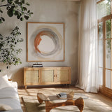 Hake Neutral IV by Chris Paschke. Shown in a natural wood frame in a cozy modern living room. Available as an archival giclee rolled canvas, fine art paper, or poster print. SKU 70664a.