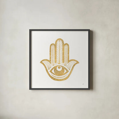 Hamsa I by Chris Paschke. Shown in a sleek black glass frame for a contemporary gallery look. Available as an archival giclee rolled canvas, fine art paper, or poster print. SKU 64650a.