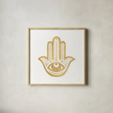 Hamsa I by Chris Paschke. Shown in a natural wood glass frame for a timeless modern aesthetic. Available as an archival giclee rolled canvas, fine art paper, or poster print. SKU 64650a.
