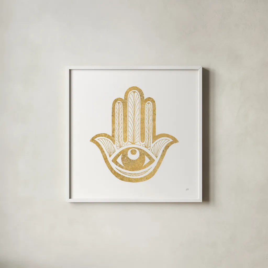 Hamsa I by Chris Paschke. Shown in a crisp white glass frame for a clean and minimalist style. Available as an archival giclee rolled canvas, fine art paper, or poster print. SKU 64650a.