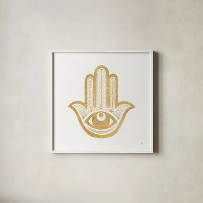 Hamsa I by Chris Paschke. Shown in a crisp white glass frame for a clean and minimalist style. Available as an archival giclee rolled canvas, fine art paper, or poster print. SKU 64650a.