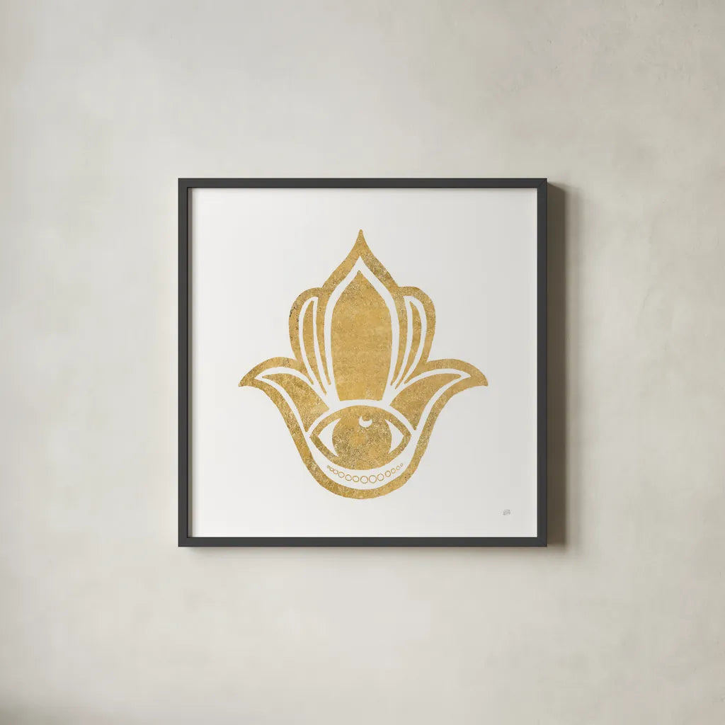 Hamsa II by Chris Paschke. Shown in a sleek black glass frame for a contemporary gallery look. Available as an archival giclee rolled canvas, fine art paper, or poster print. SKU 64651a.