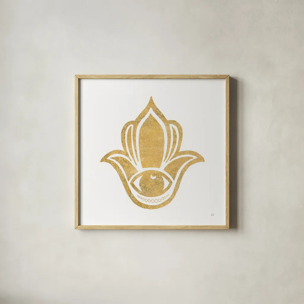 Hamsa II by Chris Paschke. Shown in a natural wood glass frame for a timeless modern aesthetic. Available as an archival giclee rolled canvas, fine art paper, or poster print. SKU 64651a.
