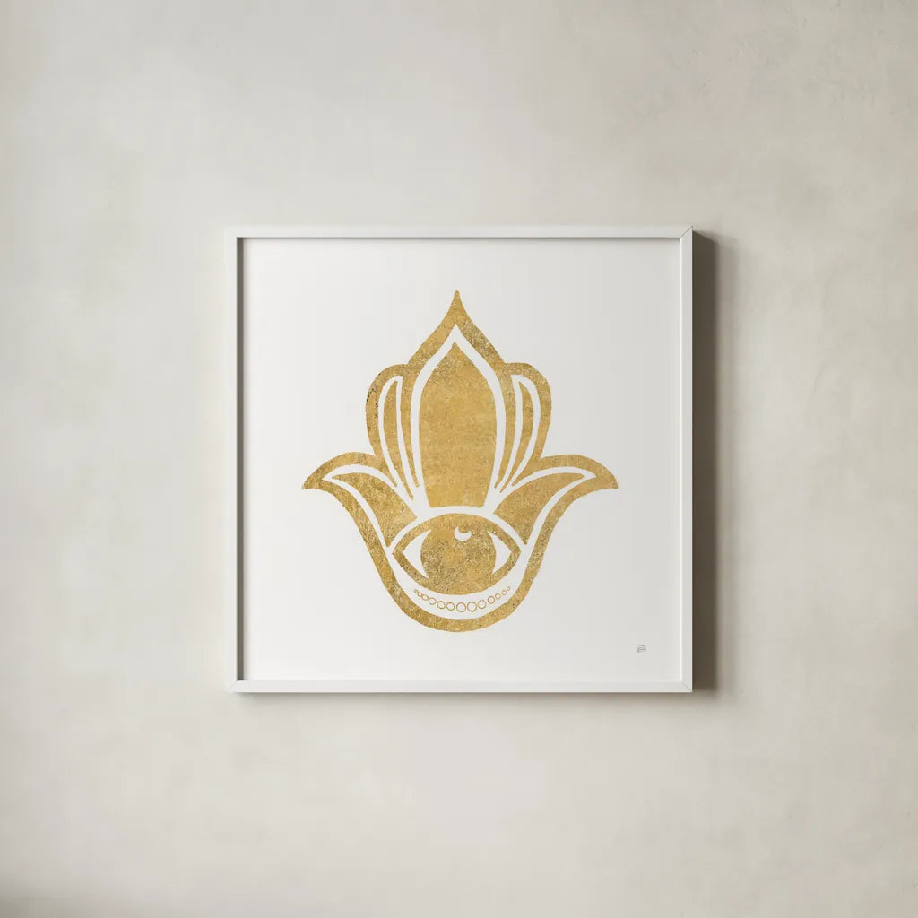 Hamsa II by Chris Paschke. Shown in a crisp white glass frame for a clean and minimalist style. Available as an archival giclee rolled canvas, fine art paper, or poster print. SKU 64651a.