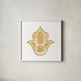 Hamsa II by Chris Paschke. Shown in a crisp white glass frame for a clean and minimalist style. Available as an archival giclee rolled canvas, fine art paper, or poster print. SKU 64651a.