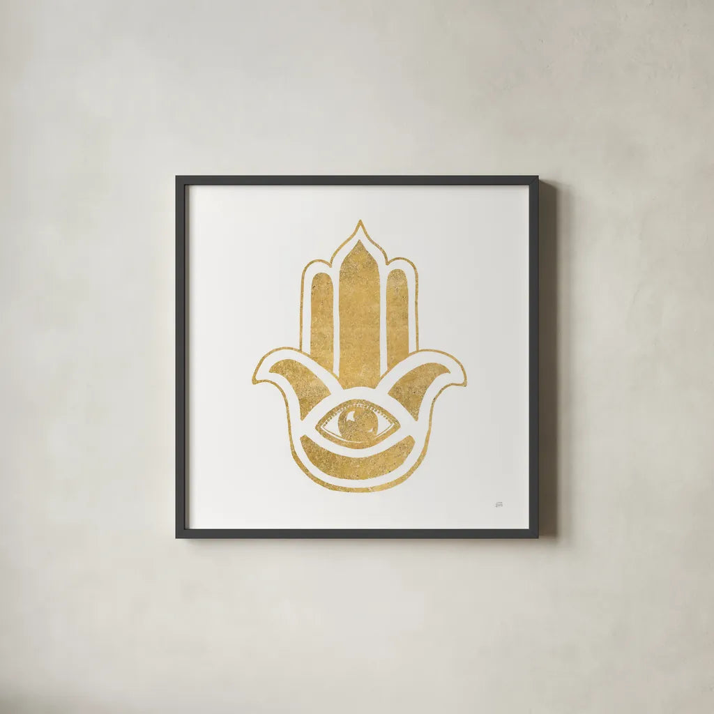Hamsa III by Chris Paschke. Shown in a sleek black glass frame for a contemporary gallery look. Available as an archival giclee rolled canvas, fine art paper, or poster print. SKU 64652a.