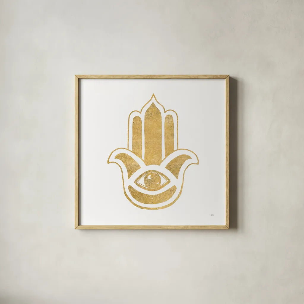 Hamsa III by Chris Paschke. Shown in a natural wood glass frame for a timeless modern aesthetic. Available as an archival giclee rolled canvas, fine art paper, or poster print. SKU 64652a.