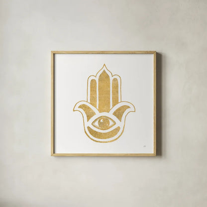 Hamsa III by Chris Paschke. Shown in a natural wood glass frame for a timeless modern aesthetic. Available as an archival giclee rolled canvas, fine art paper, or poster print. SKU 64652a.