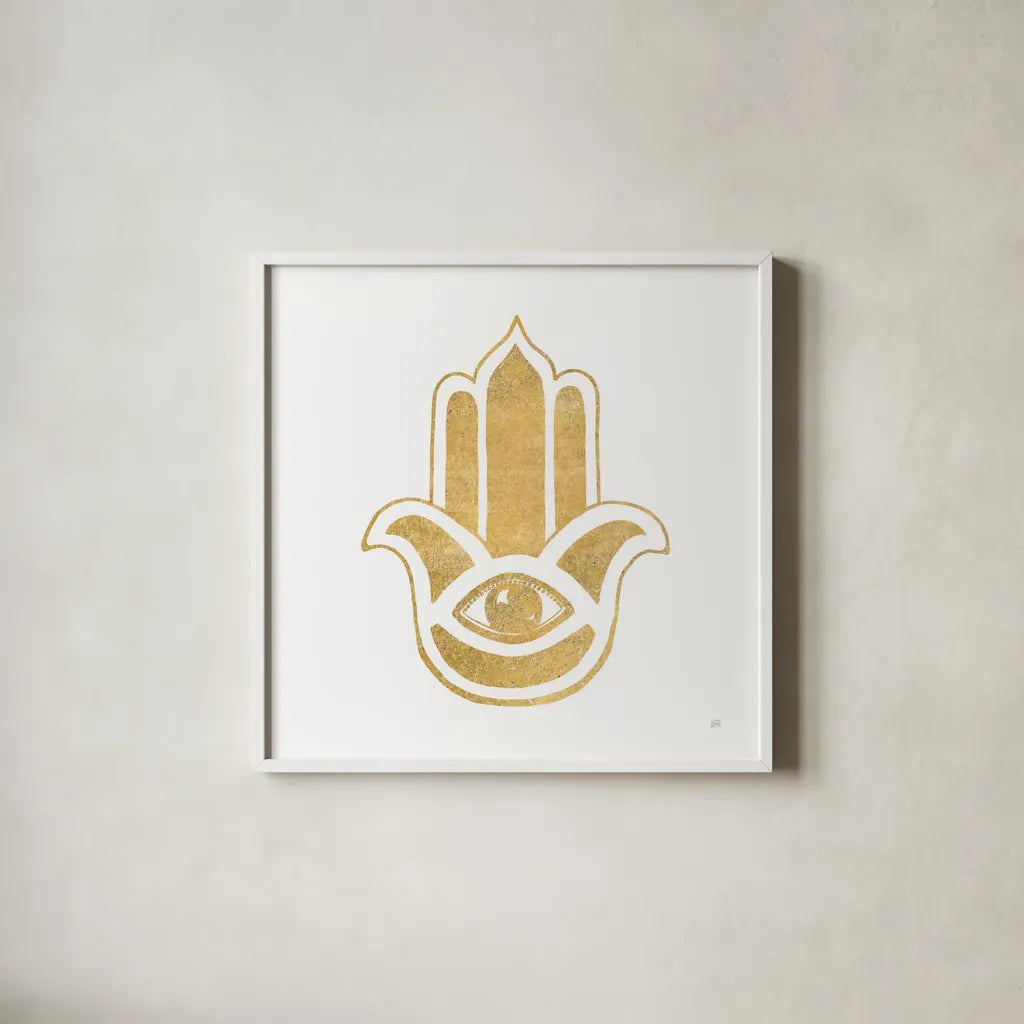 Hamsa III by Chris Paschke. Shown in a crisp white glass frame for a clean and minimalist style. Available as an archival giclee rolled canvas, fine art paper, or poster print. SKU 64652a.