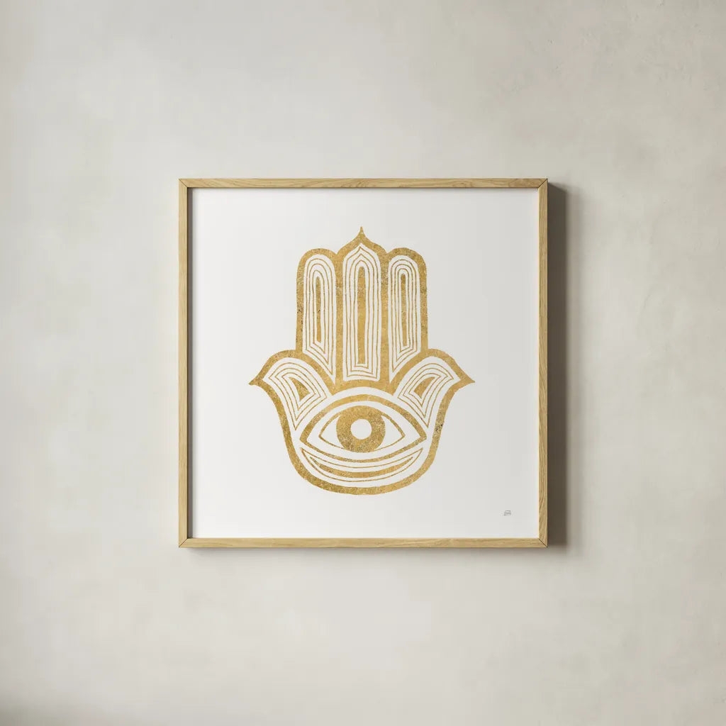 Hamsa IV by Chris Paschke. Shown in a natural wood glass frame for a timeless modern aesthetic. Available as an archival giclee rolled canvas, fine art paper, or poster print. SKU 64653a.