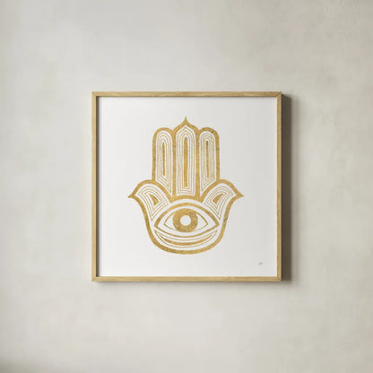 Hamsa IV by Chris Paschke. Shown in a natural wood glass frame for a timeless modern aesthetic. Available as an archival giclee rolled canvas, fine art paper, or poster print. SKU 64653a.