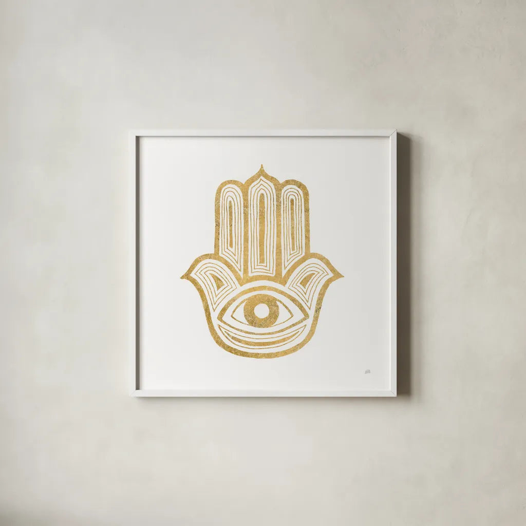 Hamsa IV by Chris Paschke. Shown in a crisp white glass frame for a clean and minimalist style. Available as an archival giclee rolled canvas, fine art paper, or poster print. SKU 64653a.