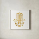 Hamsa IV by Chris Paschke. Shown in a crisp white glass frame for a clean and minimalist style. Available as an archival giclee rolled canvas, fine art paper, or poster print. SKU 64653a.