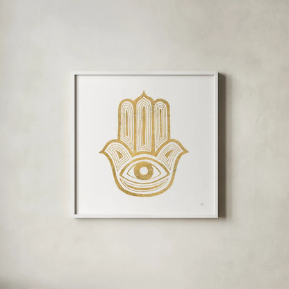 Hamsa IV by Chris Paschke. Shown in a crisp white glass frame for a clean and minimalist style. Available as an archival giclee rolled canvas, fine art paper, or poster print. SKU 64653a.