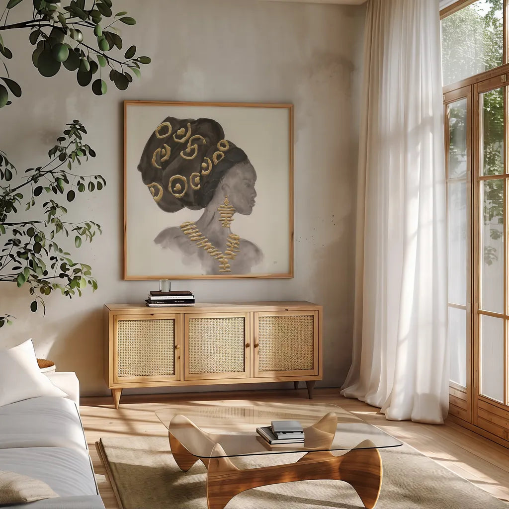 Headdress Beauty I by Chris Paschke. Shown in a natural wood frame in a cozy modern living room. Available as an archival giclee rolled canvas, fine art paper, or poster print. SKU 48016a.