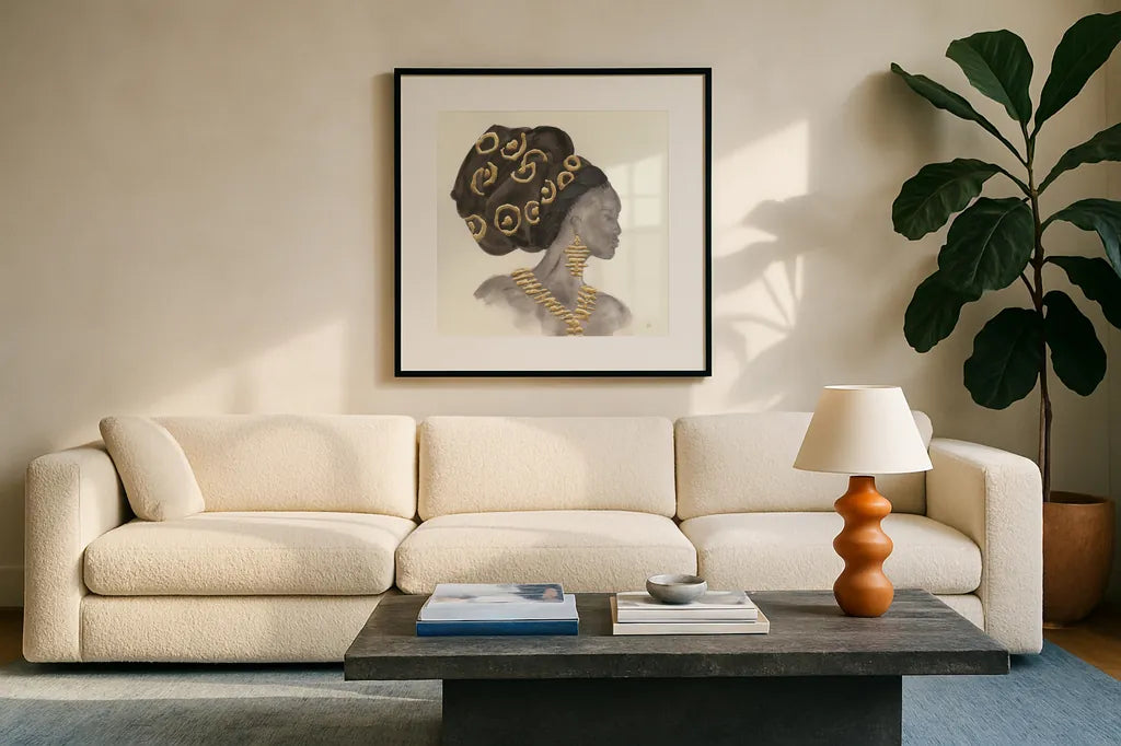 Headdress Beauty I by Chris Paschke. Displayed in a glass frame with matte in a clean modern living room. Available as an archival giclee rolled canvas, fine art paper, or poster print. SKU 48016a.