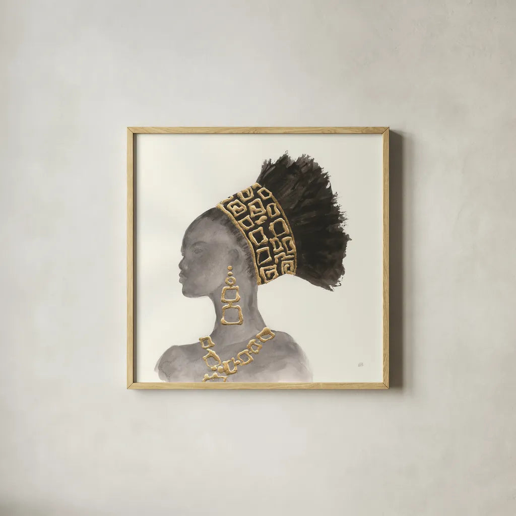 Headdress Beauty II by Chris Paschke. Shown in a natural wood glass frame for a timeless modern aesthetic. Available as an archival giclee rolled canvas, fine art paper, or poster print. SKU 48017a.