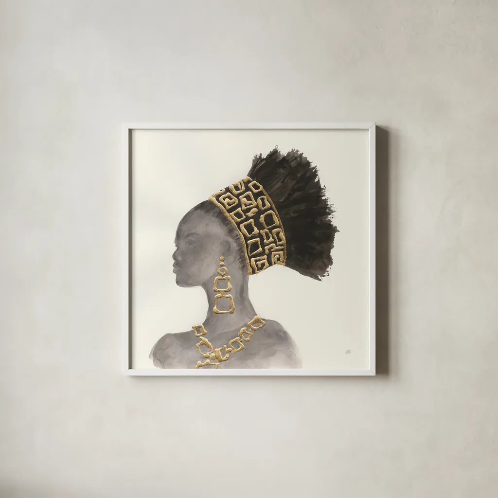 Headdress Beauty II by Chris Paschke. Shown in a crisp white glass frame for a clean and minimalist style. Available as an archival giclee rolled canvas, fine art paper, or poster print. SKU 48017a.