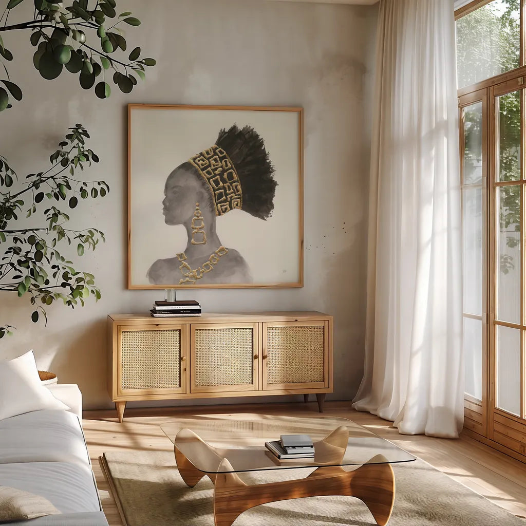 Headdress Beauty II by Chris Paschke. Shown in a natural wood frame in a cozy modern living room. Available as an archival giclee rolled canvas, fine art paper, or poster print. SKU 48017a.