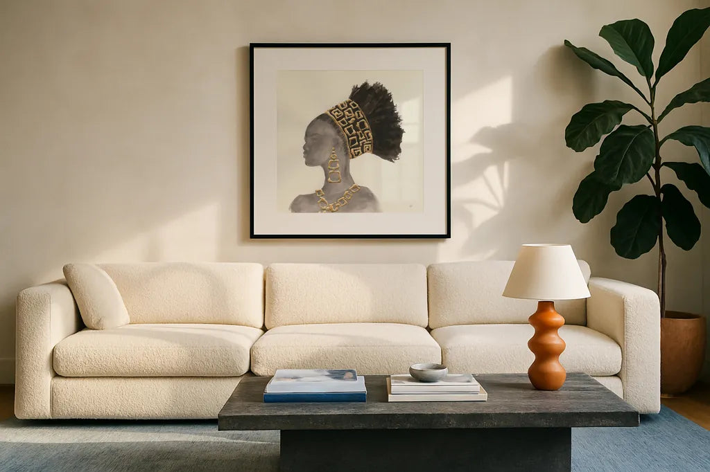 Headdress Beauty II by Chris Paschke. Displayed in a glass frame with matte in a clean modern living room. Available as an archival giclee rolled canvas, fine art paper, or poster print. SKU 48017a.