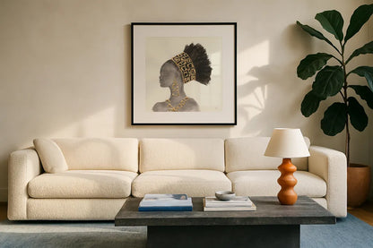 Headdress Beauty II by Chris Paschke. Displayed in a glass frame with matte in a clean modern living room. Available as an archival giclee rolled canvas, fine art paper, or poster print. SKU 48017a.