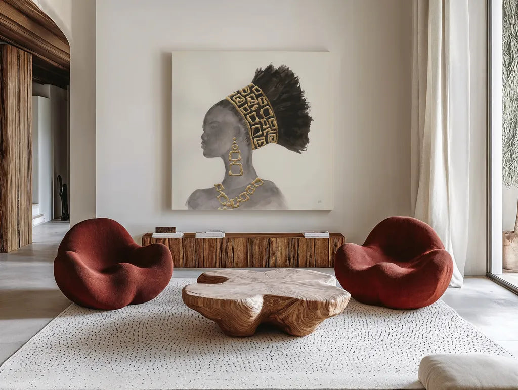 Headdress Beauty II by Chris Paschke. Shown as extra-large giant wall art in a modern living room. Available as an archival giclee rolled canvas, fine art paper, or poster print. SKU 48017a.