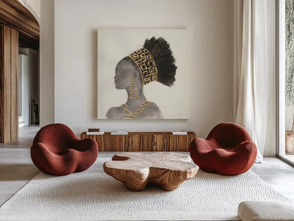 Headdress Beauty II by Chris Paschke. Shown as extra-large giant wall art in a modern living room. Available as an archival giclee rolled canvas, fine art paper, or poster print. SKU 48017a.