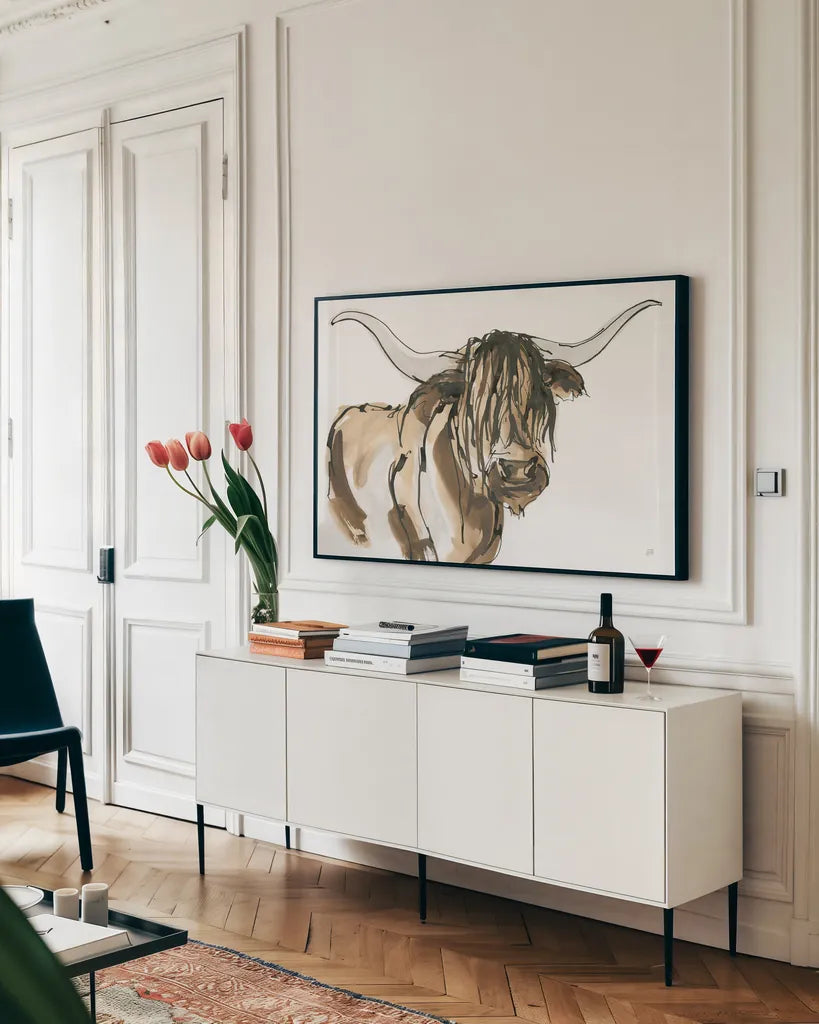 Highlander I by Chris Paschke. shown as a framed stretched canvas in a living room above a console. Available as a archival giclee rolled canvas, fine art paper, or poster print. SKU 53318i.