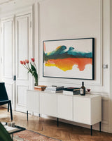 Hills by Chris Paschke. shown as a framed stretched canvas in a living room above a console. Available as a archival giclee rolled canvas, fine art paper, or poster print. SKU 65426i.