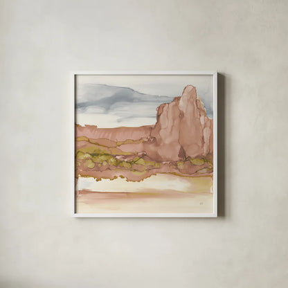 Honeybloom Desertscape VII by Chris Paschke. Shown in a crisp white glass frame for a clean and minimalist style. Available as an archival giclee rolled canvas, fine art paper, or poster print. SKU 90641a.