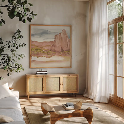 Honeybloom Desertscape VII by Chris Paschke. Shown in a natural wood frame in a cozy modern living room. Available as an archival giclee rolled canvas, fine art paper, or poster print. SKU 90641a.