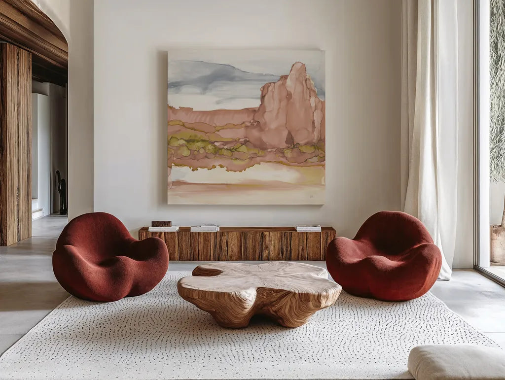 Honeybloom Desertscape VII by Chris Paschke. Shown as extra-large giant wall art in a modern living room. Available as an archival giclee rolled canvas, fine art paper, or poster print. SKU 90641a.