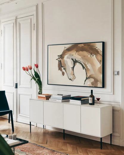 Horse Head II by Chris Paschke. shown as a framed stretched canvas in a living room above a console. Available as a archival giclee rolled canvas, fine art paper, or poster print. SKU 49930i.