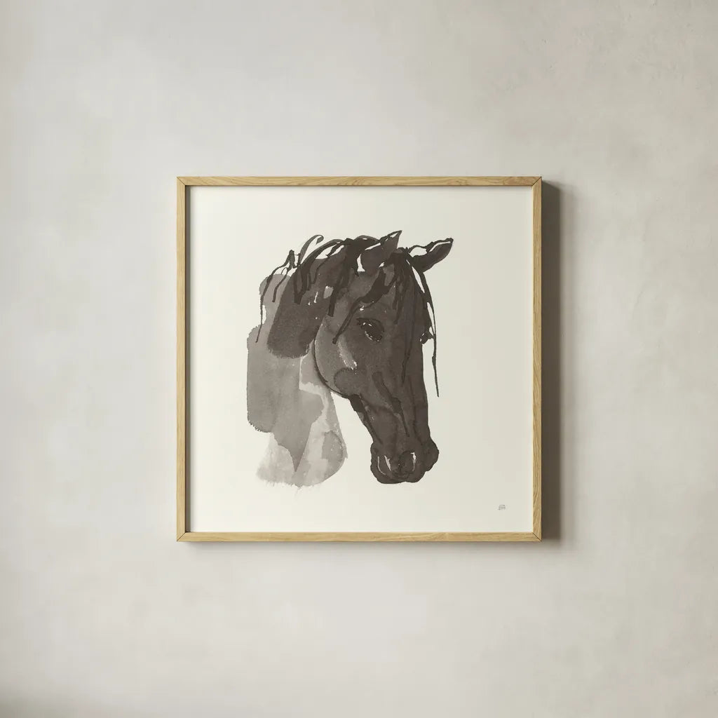 Horse Portrait I by Chris Paschke. Shown in a natural wood glass frame for a timeless modern aesthetic. Available as an archival giclee rolled canvas, fine art paper, or poster print. SKU 62498a.