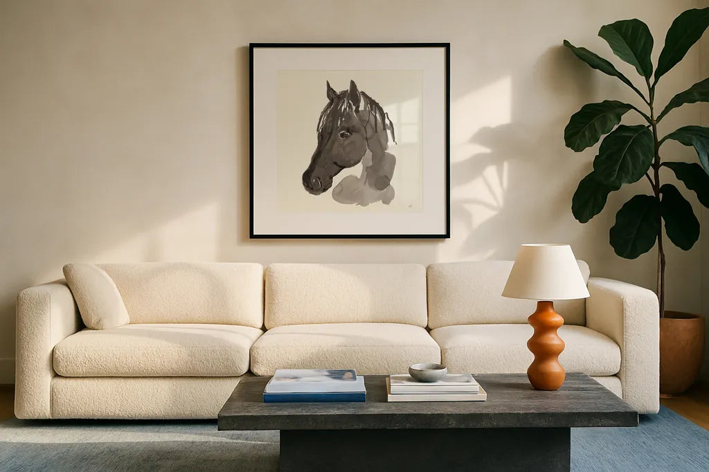 Horse Portrait II by Chris Paschke. Displayed in a glass frame with matte in a clean modern living room. Available as an archival giclee rolled canvas, fine art paper, or poster print. SKU 62499a.