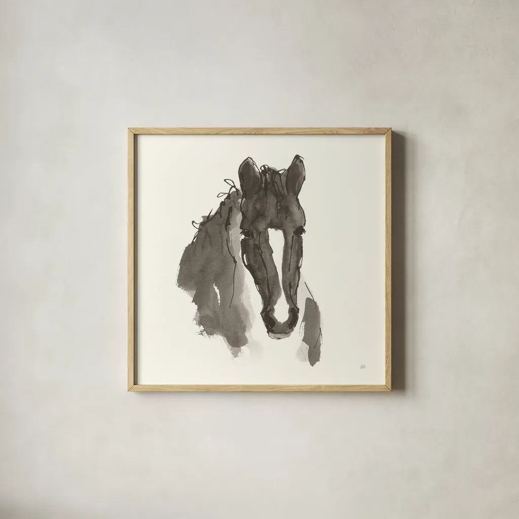 Horse Portrait III by Chris Paschke. Shown in a natural wood glass frame for a timeless modern aesthetic. Available as an archival giclee rolled canvas, fine art paper, or poster print. SKU 62500a.