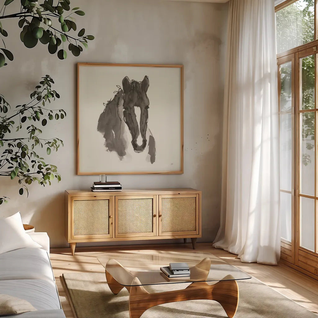 Horse Portrait III by Chris Paschke. Shown in a natural wood frame in a cozy modern living room. Available as an archival giclee rolled canvas, fine art paper, or poster print. SKU 62500a.