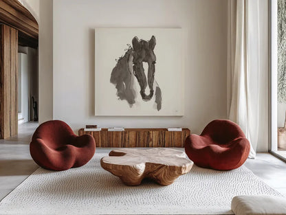 Horse Portrait III by Chris Paschke. Shown as extra-large giant wall art in a modern living room. Available as an archival giclee rolled canvas, fine art paper, or poster print. SKU 62500a.