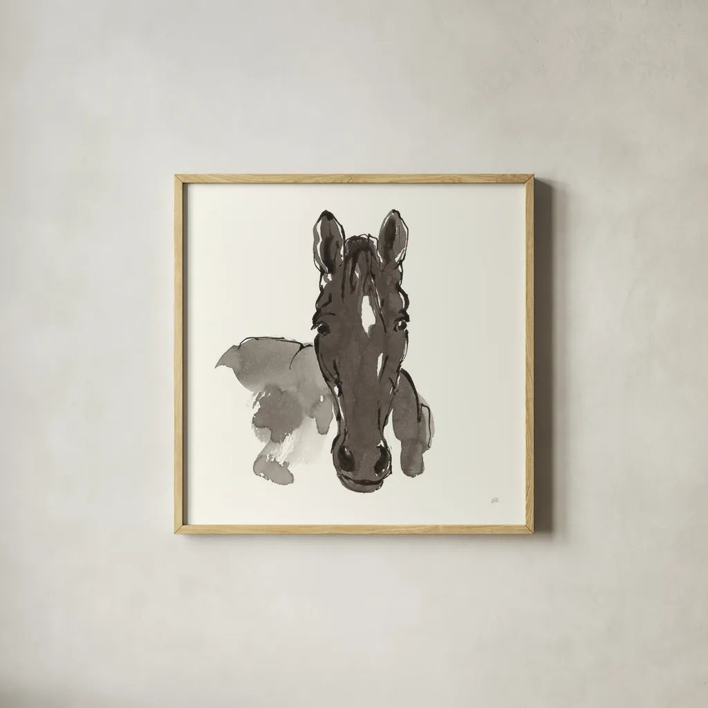Horse Portrait IV by Chris Paschke. Shown in a natural wood glass frame for a timeless modern aesthetic. Available as an archival giclee rolled canvas, fine art paper, or poster print. SKU 62501a.