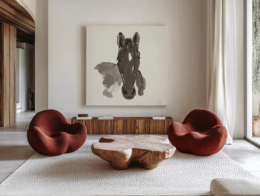Horse Portrait IV by Chris Paschke. Shown as extra-large giant wall art in a modern living room. Available as an archival giclee rolled canvas, fine art paper, or poster print. SKU 62501a.