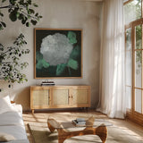 Hydrangea I by Chris Paschke. Shown in a natural wood frame in a cozy modern living room. Available as an archival giclee rolled canvas, fine art paper, or poster print. SKU 80803a.