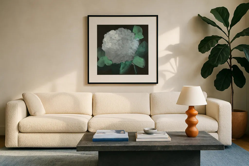 Hydrangea I by Chris Paschke. Displayed in a glass frame with matte in a clean modern living room. Available as an archival giclee rolled canvas, fine art paper, or poster print. SKU 80803a.