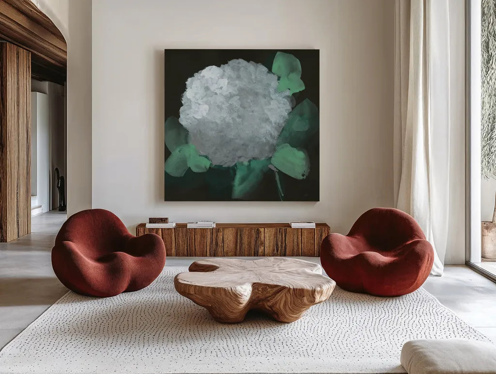 Hydrangea I by Chris Paschke. Shown as extra-large giant wall art in a modern living room. Available as an archival giclee rolled canvas, fine art paper, or poster print. SKU 80803a.
